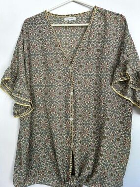 Max Studio Yellow Floral Medallion Blouse with Pink & Blue Accents